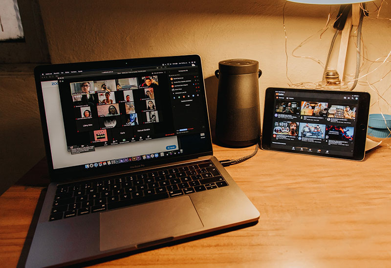 Computer on desk on a video conference call