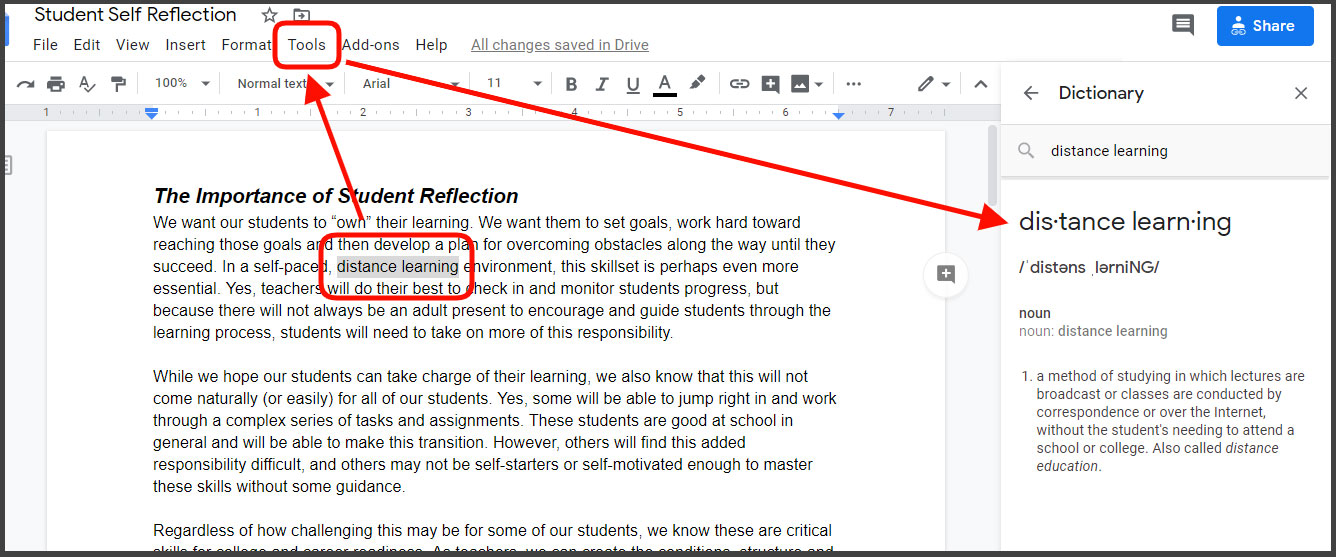 Define words in Google Docs