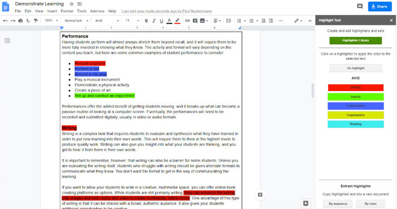 Sample of highlighting notes in Google Docs