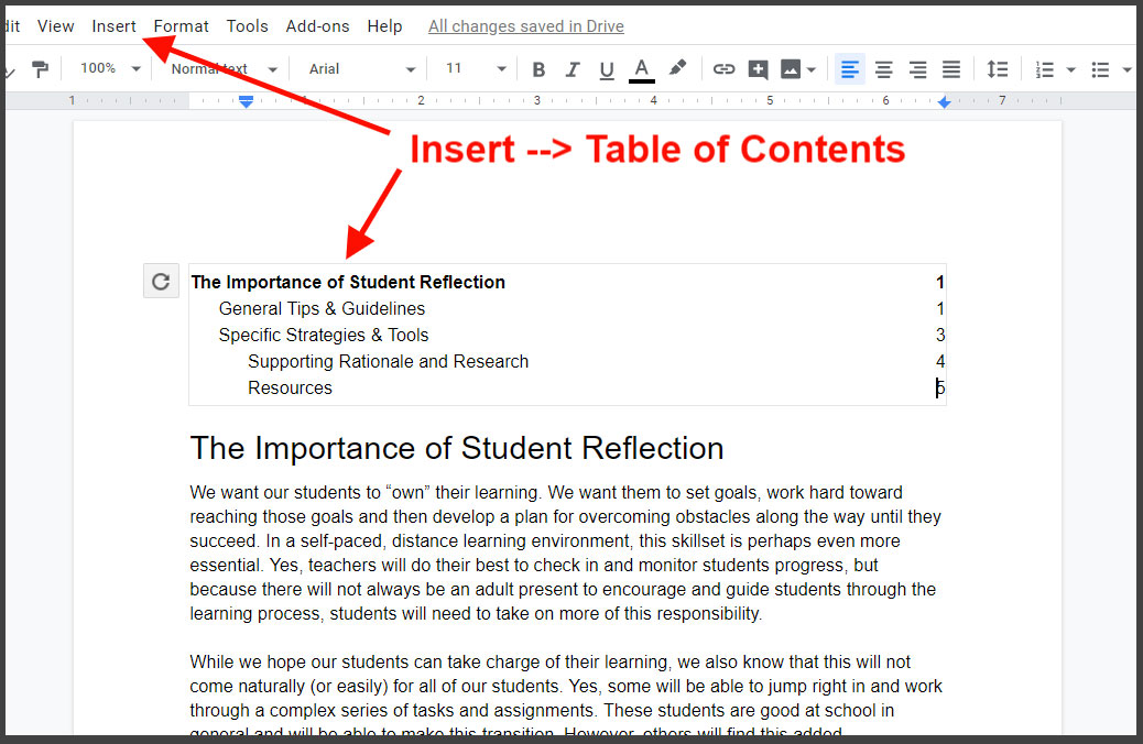 Google Docs outline and Table of Contents