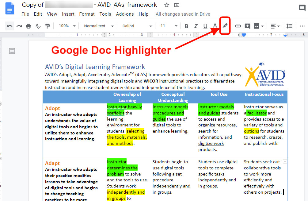 Marking text in Google Docs