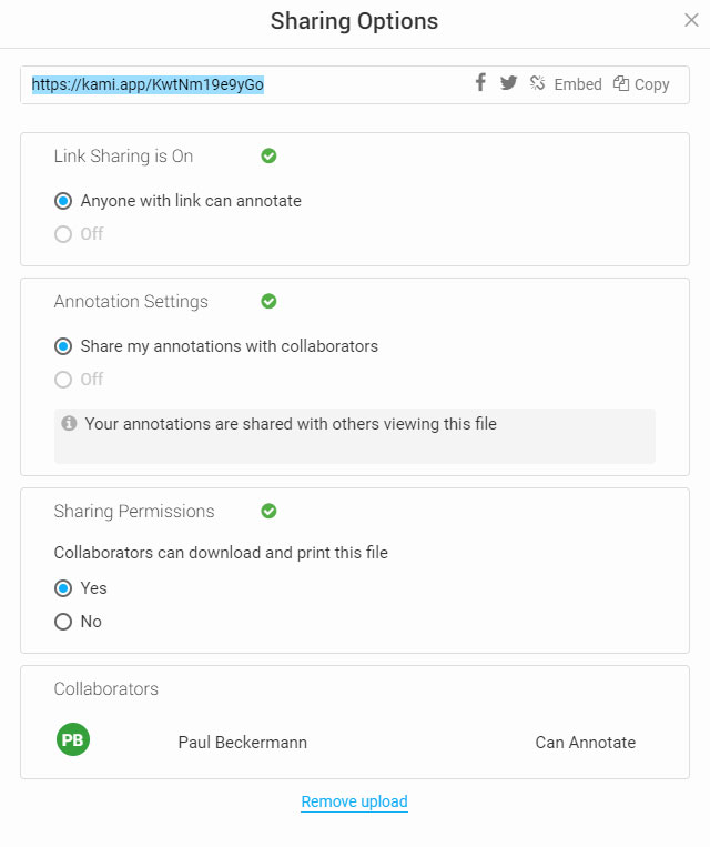 PDF sharing options in Kami