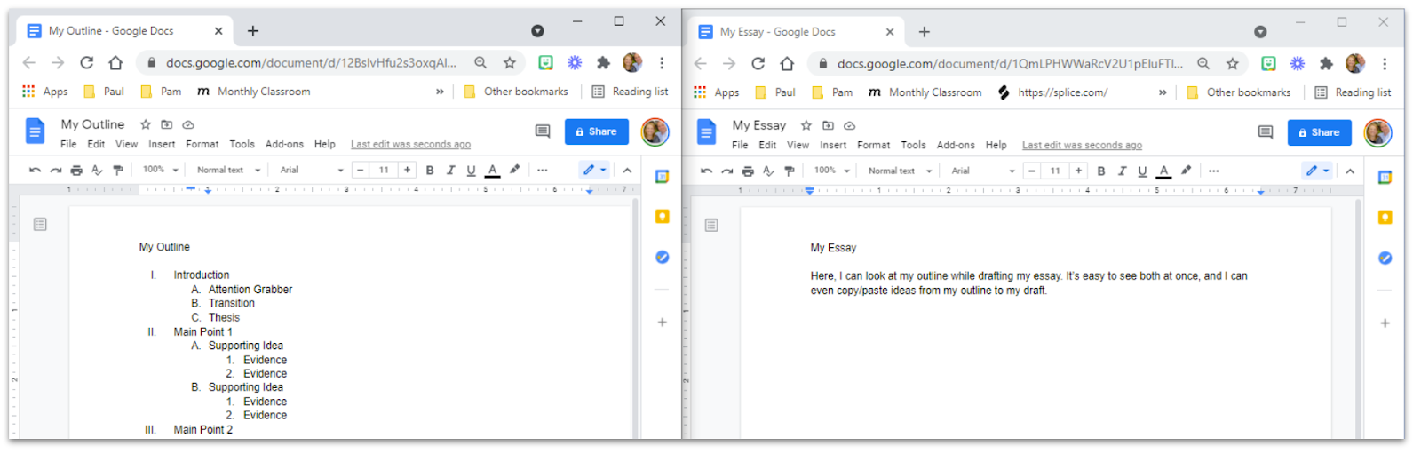 Image of a split screen showing an outline and an essay in Google Docs