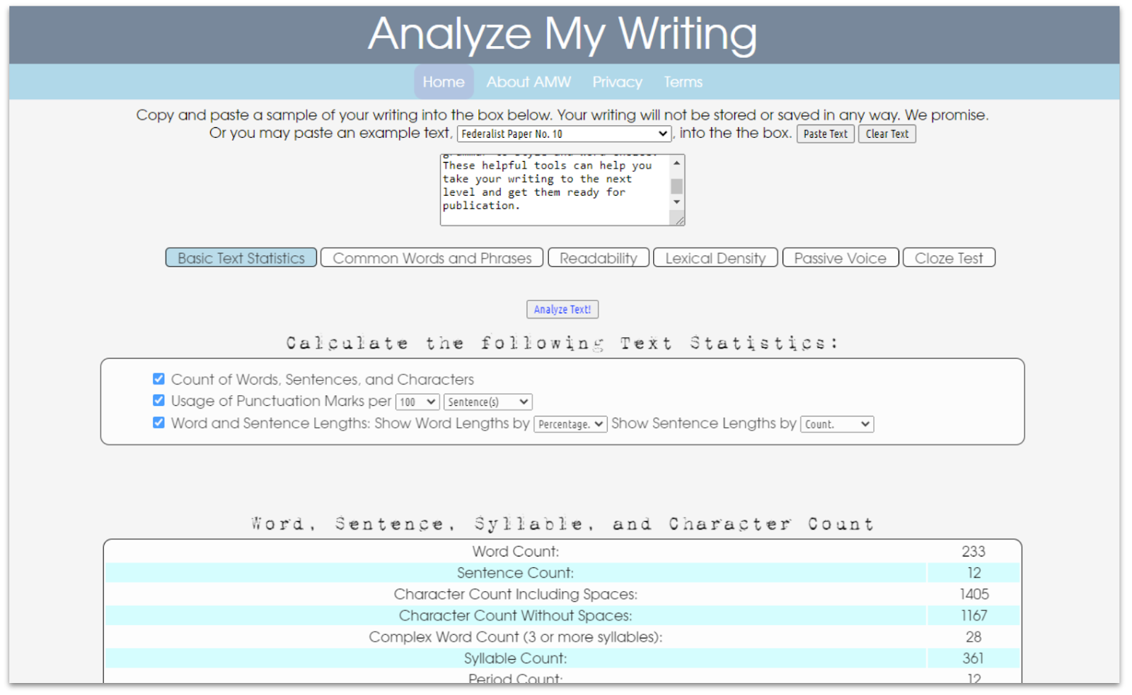 Example of using Analyze My Writing website to provide statistics about readability, lexical density, sentence length, and more