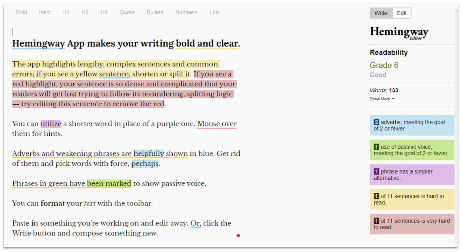 Example of using the Hemingway App to review writing for readability