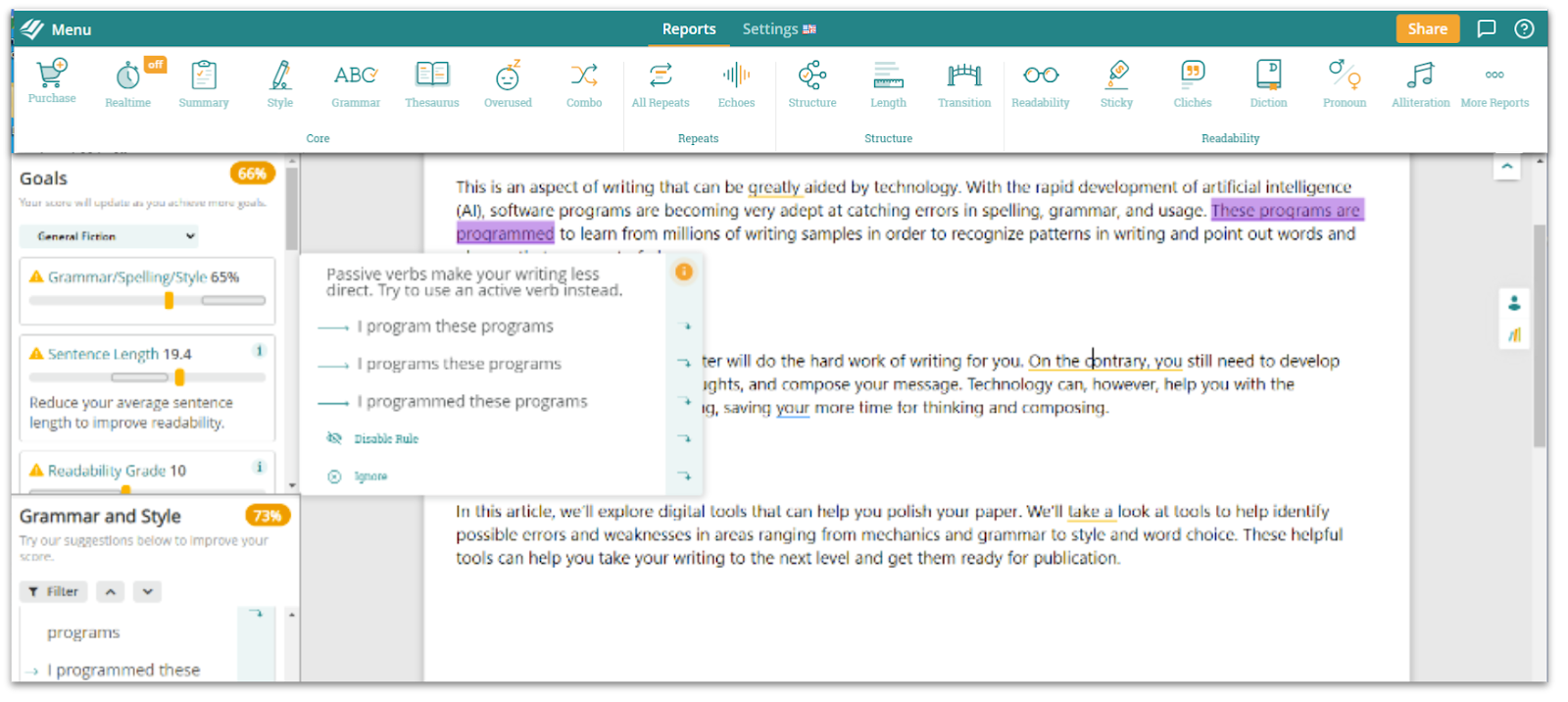 Example of ProWritingAid providing writing suggestions