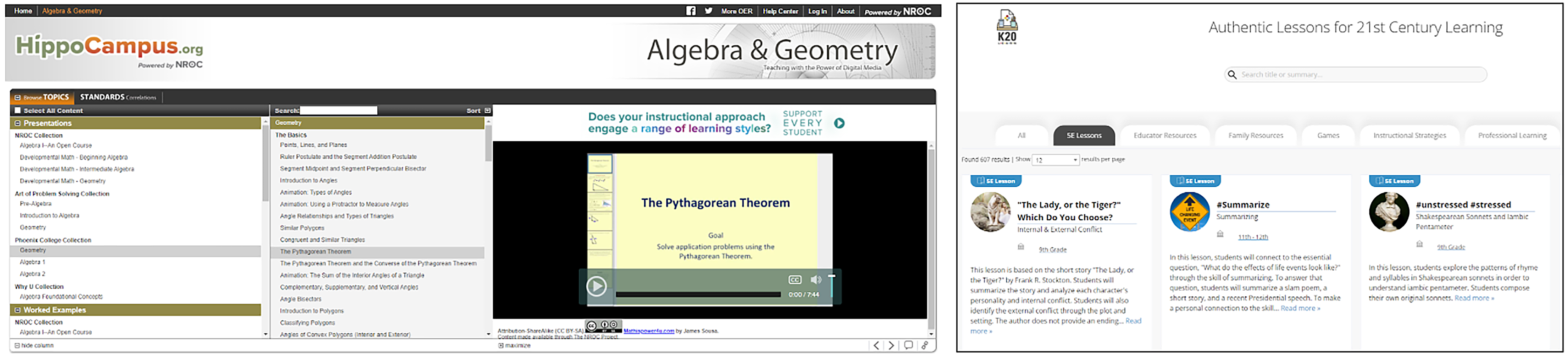 Screenshot of HippoCampus and K20 websites