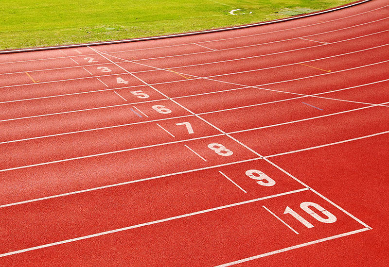 Running track with lanes numbered 1 through 10