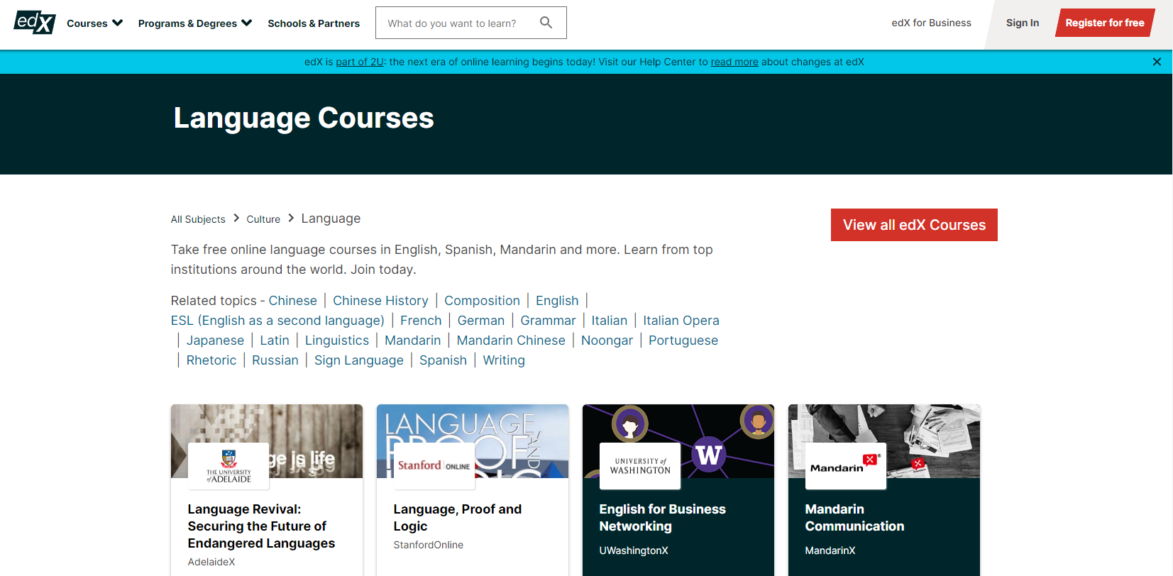 This image shows the language courses landing page for the edX website. There are multiple languages offered.