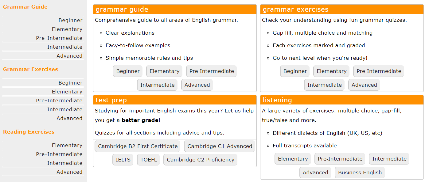 This screenshot shows online options for a grammar guide, grammar exercises, test prep, and listening.