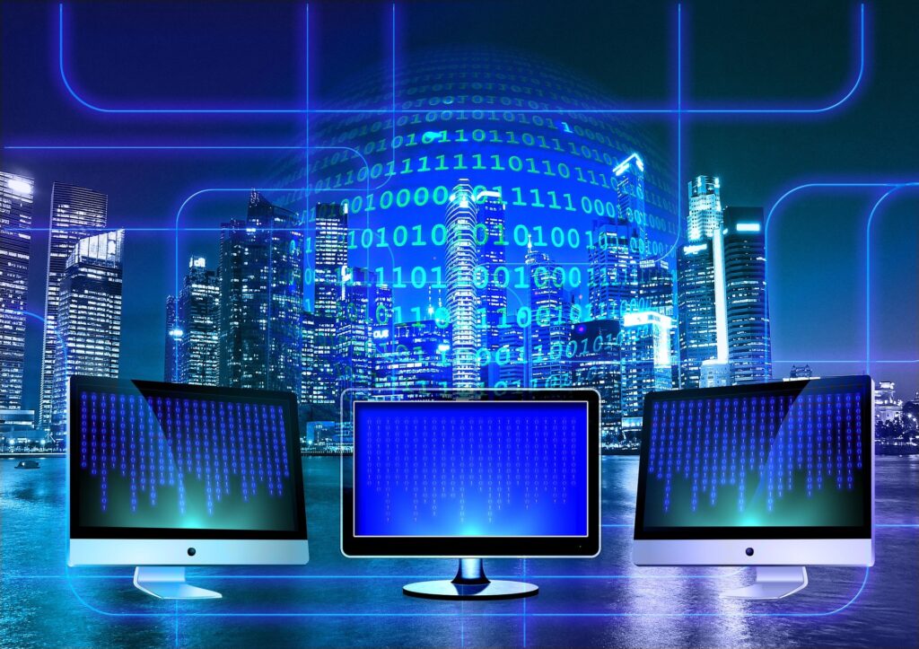 Pictures of three computer monitors