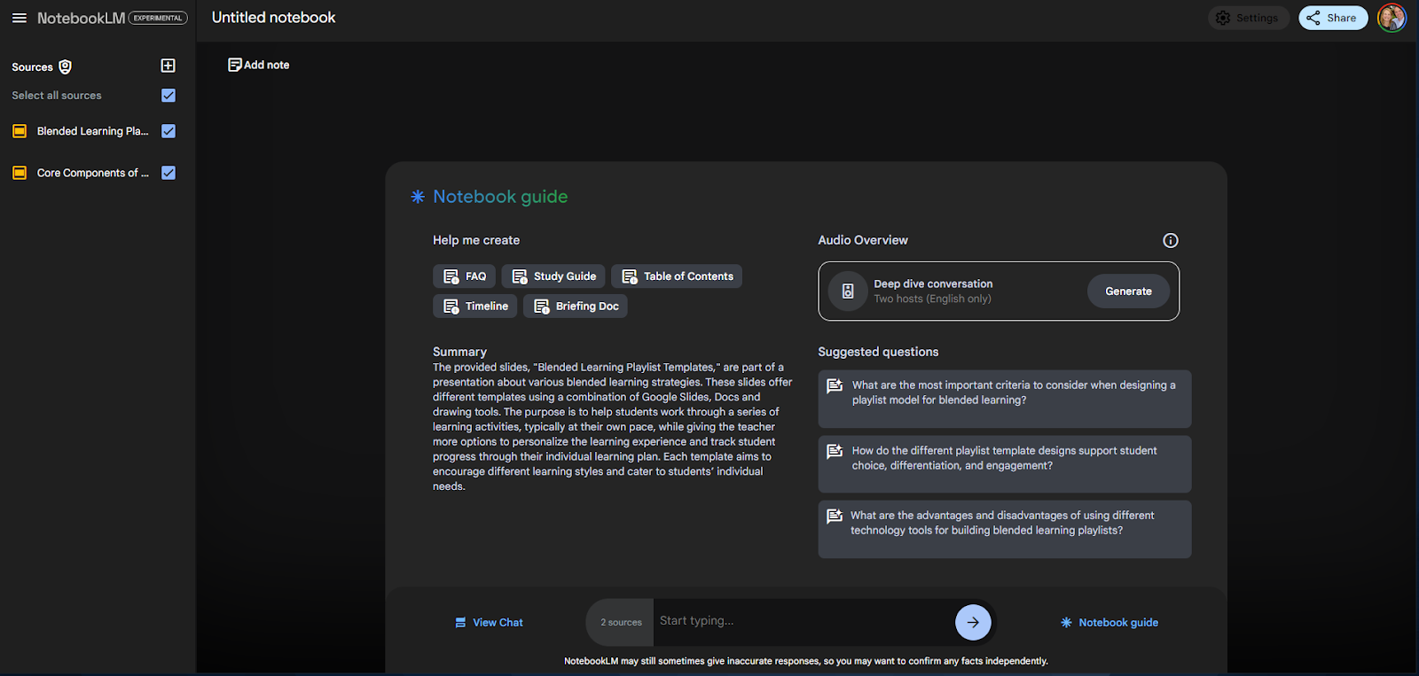 This is a screenshot of the notebook guide. It illustrates five buttons for "Help Me Create," including FAQ, Study Guide, Table of Contents, Timelines, and Briefing doc. To the right is an option to generating an audio overview and below that some suggested questions.