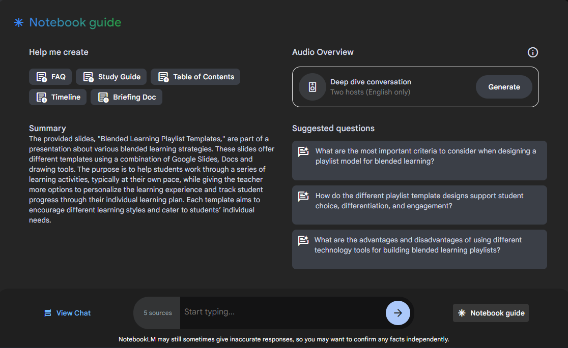 This is a screenshot of the notebook guide. On the top left, it illustrates five buttons for "Help Me Create," including FAQ, Study Guide, Table of Contents, Timelines, and Briefing doc. To the right is an option to generating an audio overview and below that some suggested questions.