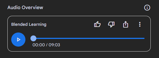 This screenshot shows the Audio Overview player. The player shows a play button, total length of 9:03, an option to give a thumbs up or down and a share button.