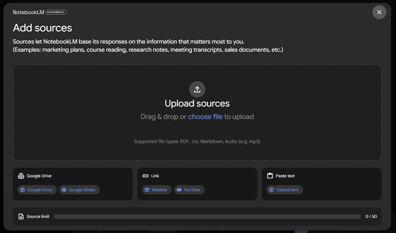 This is an image of the upload screen for NotebookLM. It is titled "Add sources." in the center is a box with text reading "Upload sources. Drag and drop or choose file to upload." Below that are three additional ways to add sources: Google Drive, Link, and Paste Text. 