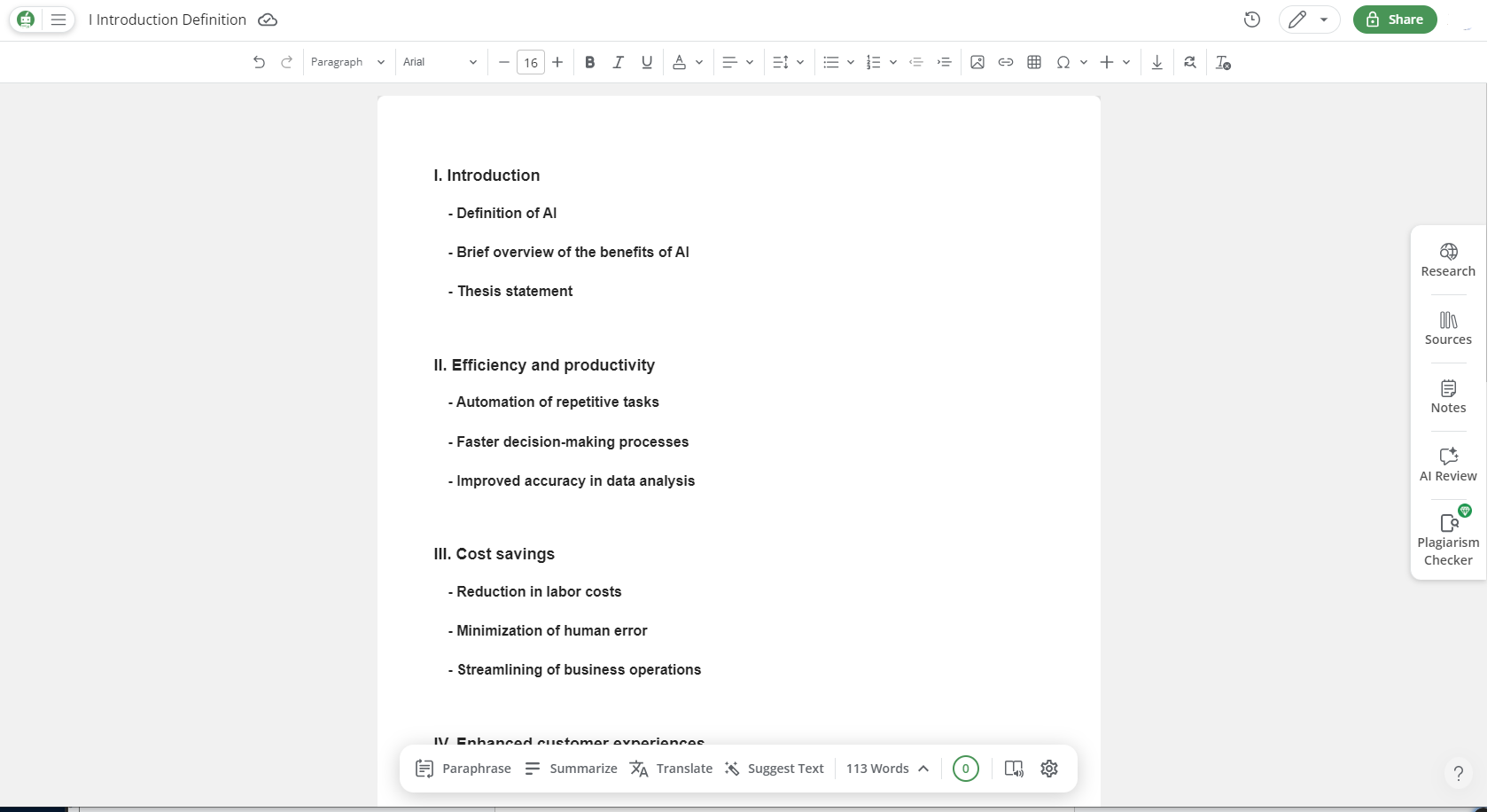 This is a screenshot of the flow tool. The page features an outline while there are menu options on the right for research, sources, notes, AI review, and plagiarism checker.