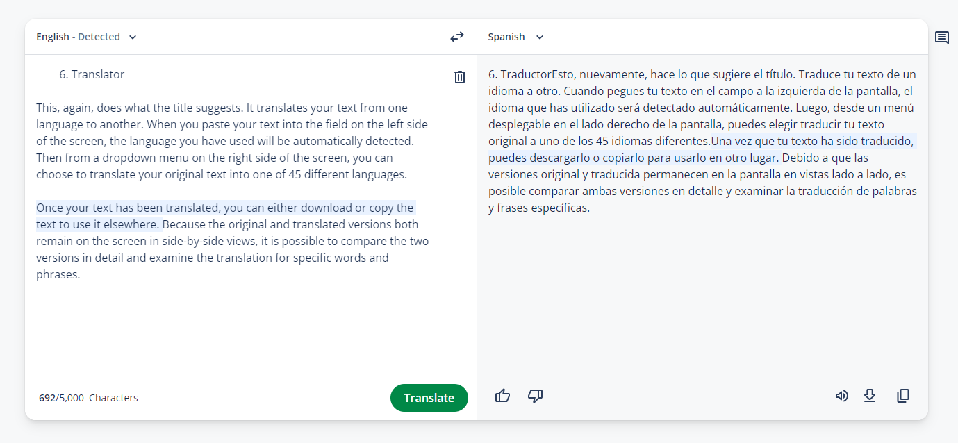 This image shows side by side passages. The one on the left is in English while the one on the right is in Spanish, illustrating the translation tool.