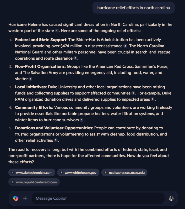 This image shows AI results for the prompt "hurricane relief efforts in north carolina." There is a short intro, five bullet points, and a short summary. Within the text, sources are noted with superscript numbers. Below the conclusion are three links to related sites used to generate the response.