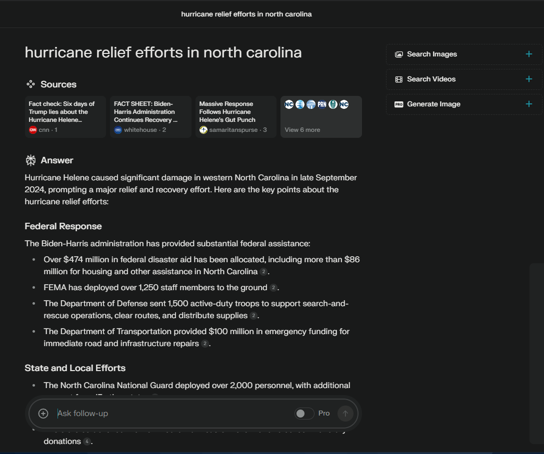 This image shows the perplexity search results for the query "hurricane relief efforts in north carolina." There are sources listed across the top. Below that is a short answer with broken down points below that. Citations are noted with superscript numbers.