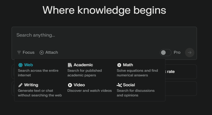 This is an image of the Perplexity search window. The title is "Where knowledge begins." The "Search Anything..." box is below that. There are options for a focus search and to attach a document. The drop down shows the focus options: Web, Academic, Math, Writing, Video, and Social."