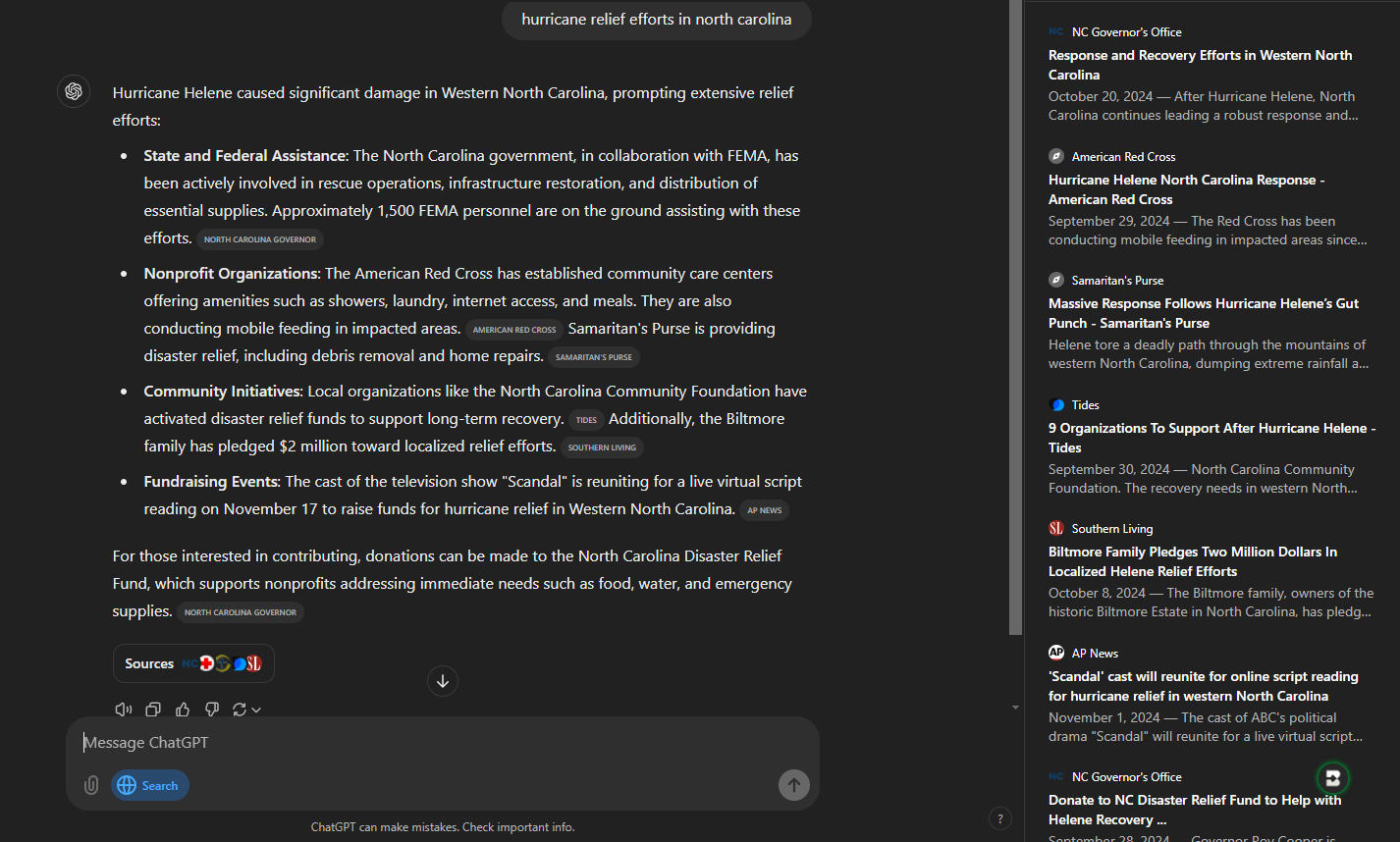 This image shows a ChatGPT search response to the prompt "hurricane relief efforts in north carolina." In the main screen is a short intro, four bullet points, and a short conclusion. Sources are listed within the document and at the bottom. There is also a side panel to the right which shows addition links related to the query. 
