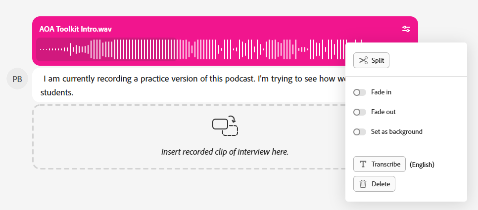 This image shows your audio editing options: fade in, fade out, set as background, transcribe, split and delete.