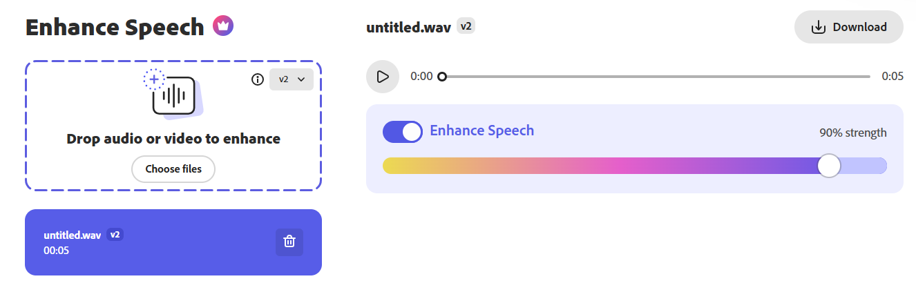 This screen shows the Enhance Speech interface. There is a field on the left to drag and drop a file into. To the right is a slider you can use to set the degree of enhanced speech.