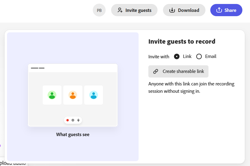 This screen shows options for inviting guests: invite with link or email and create a shareable link.