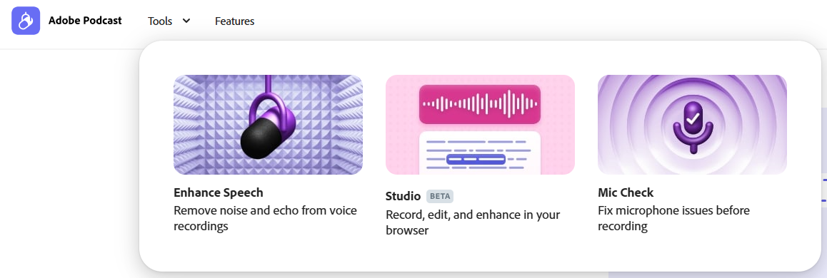 This image shows the three main tools: Enhance Speech, Studio, and Mic Check.