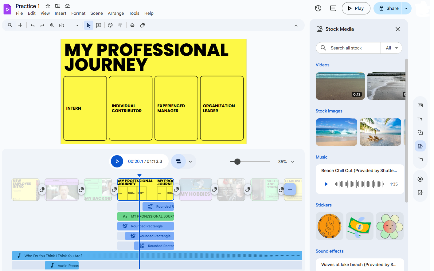 This image shows the Google Vids interface. it includes a side panel on the right with media that can be added. At the top is a preview of what users will see. At the bottom is a timeline view.