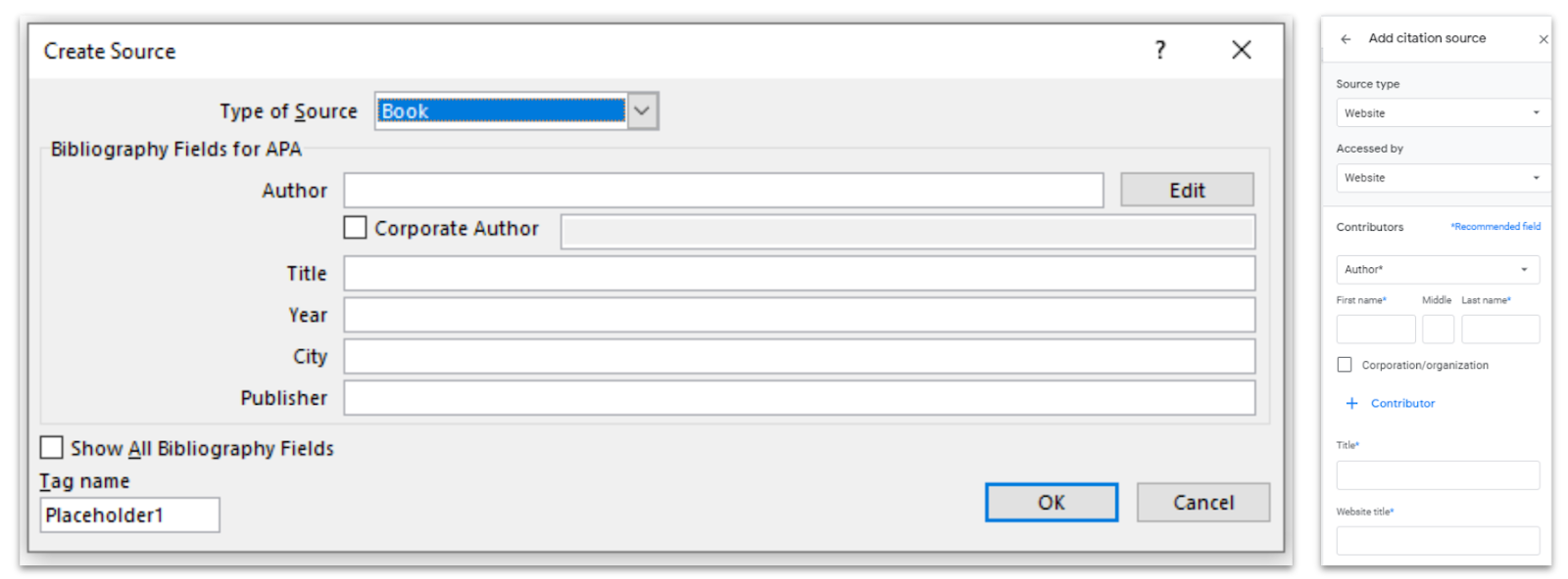This image shows the create source window where users can enter fields like author and title.