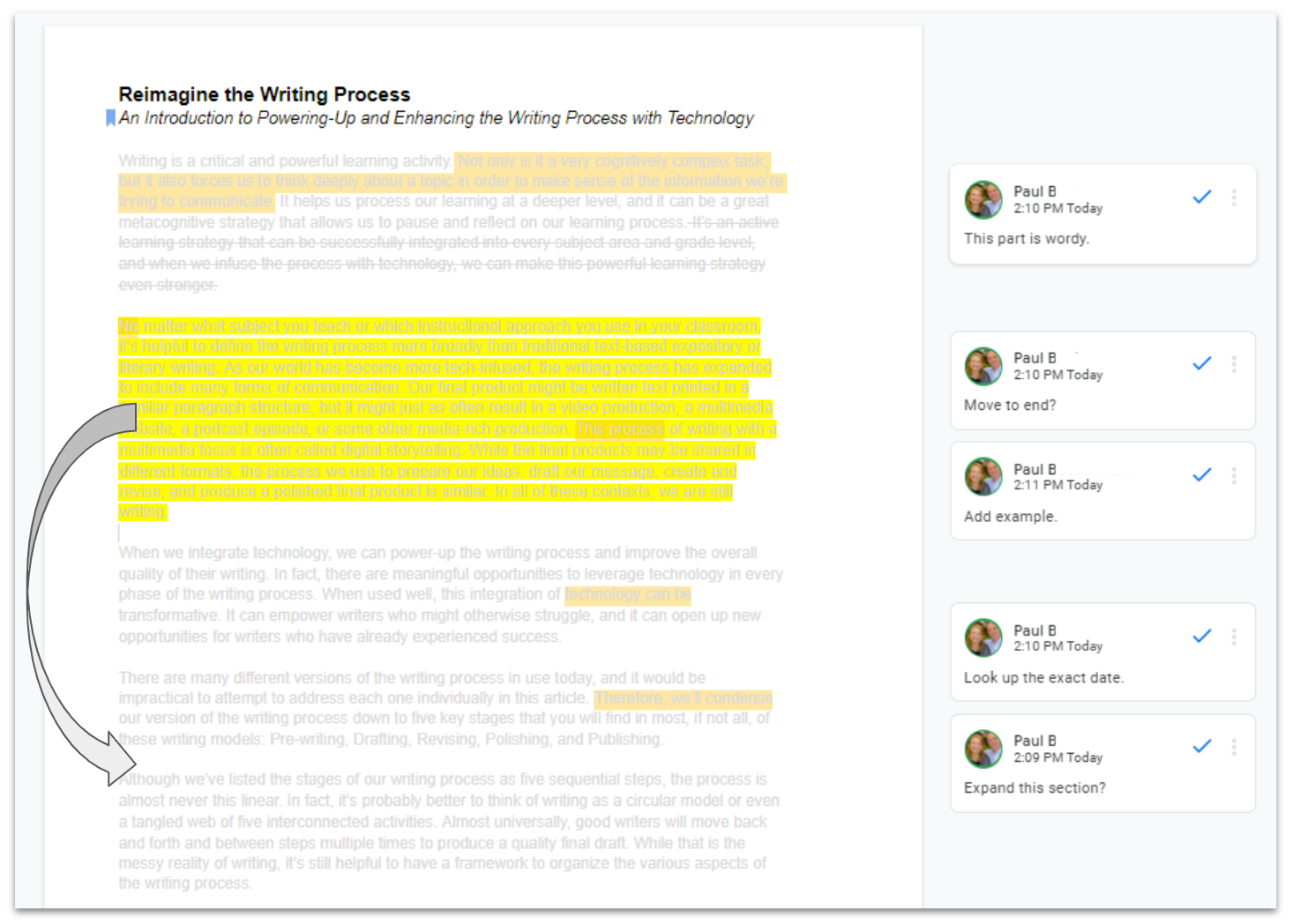This images shows a draft of writing with one paragraph highlighted and an arrow pointing to where it can be moved. In the right margin are comments that align to highlighted edit suggestions on the page.