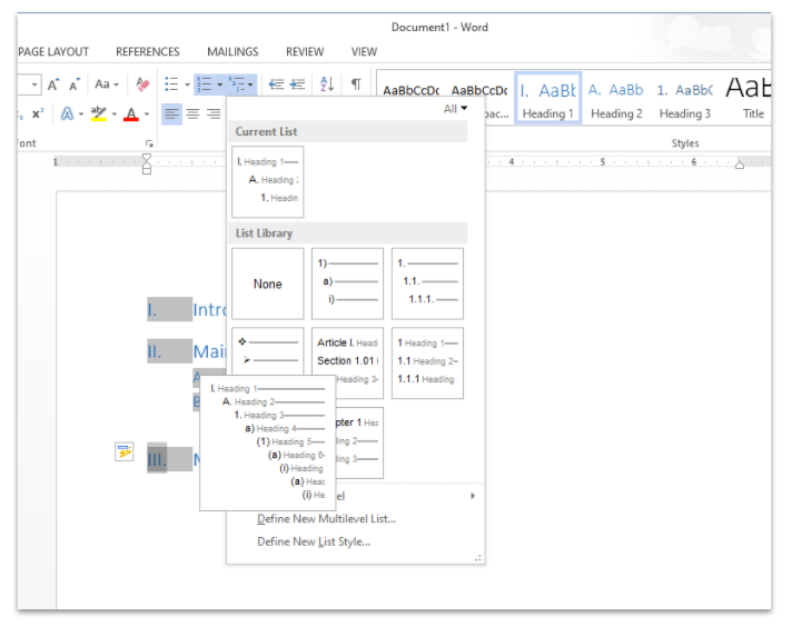 This image shows the Microsoft Word outlining menu.