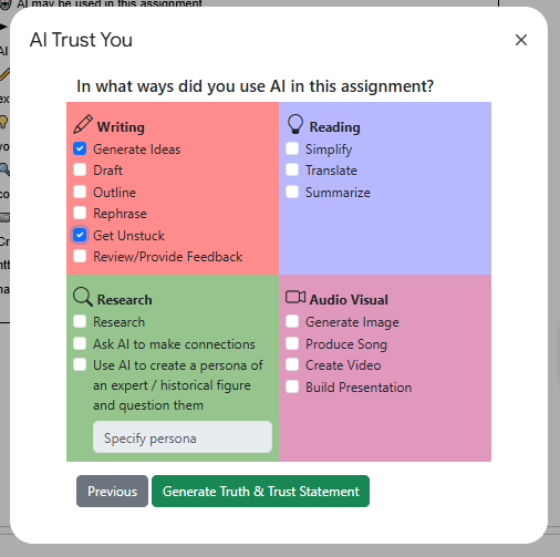 Screenshot showing which checkboxes student has selected. in this case, it's Generate ideas and Get unstuck.