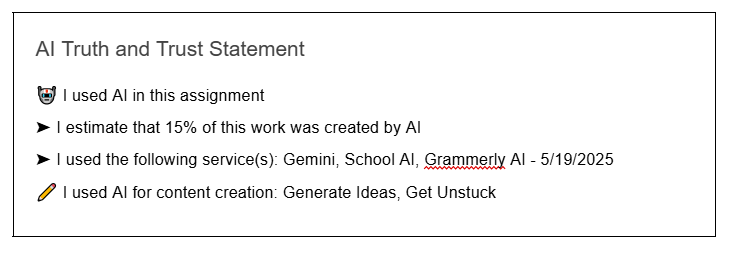 Screenshot showing the student generated AI Truth and Trust statement
