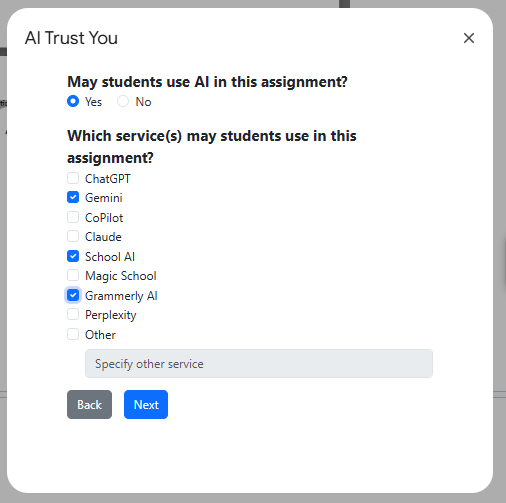 Screenshot showing the AI Trust You teacher menu. Checkboxes are available to indicate if AI may be used as well as which tool may be used.