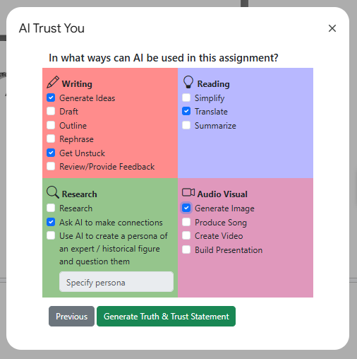Screenshot shows four quadrants of AI uses: Writing, Reading, Research, and Audio Visual. Checkboxes are available to check options that are allowed in each category.