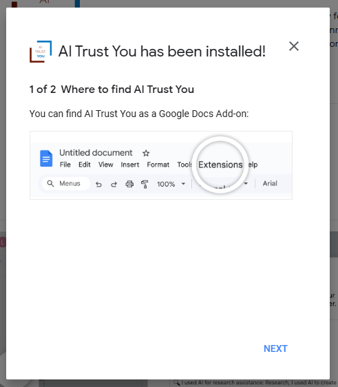 Screenshot of the pop-up window to install AI Trust you. Extensions menu is circled.