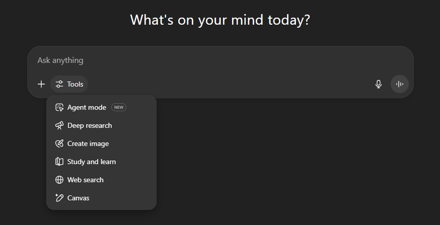 This image shows the main chatGPT screen with the tools option click, revealing an option for Study and Learn.