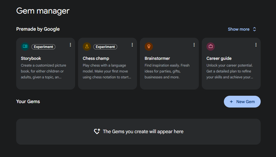 This screenshot shows the Gem manager screen with four premade options in the top row and a + New Gem button below that.