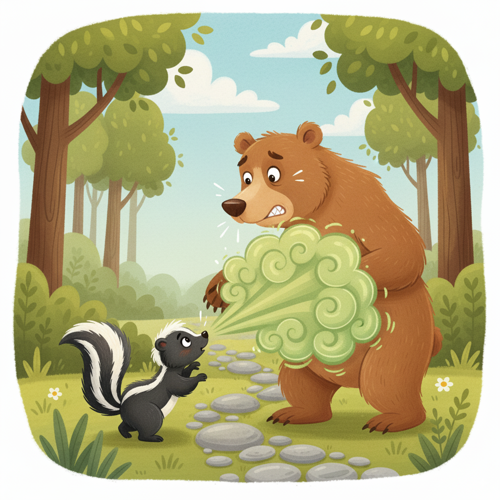Animated image of skunk spraying bear from its nose