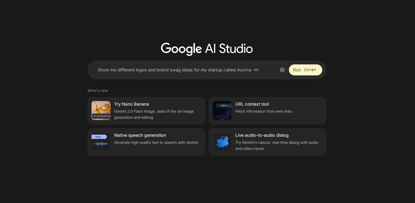 This screenshot shows the home page for Google AI Studio. There is a field to enter a prompt at the top. Below is an option to "Try Nano Banana."