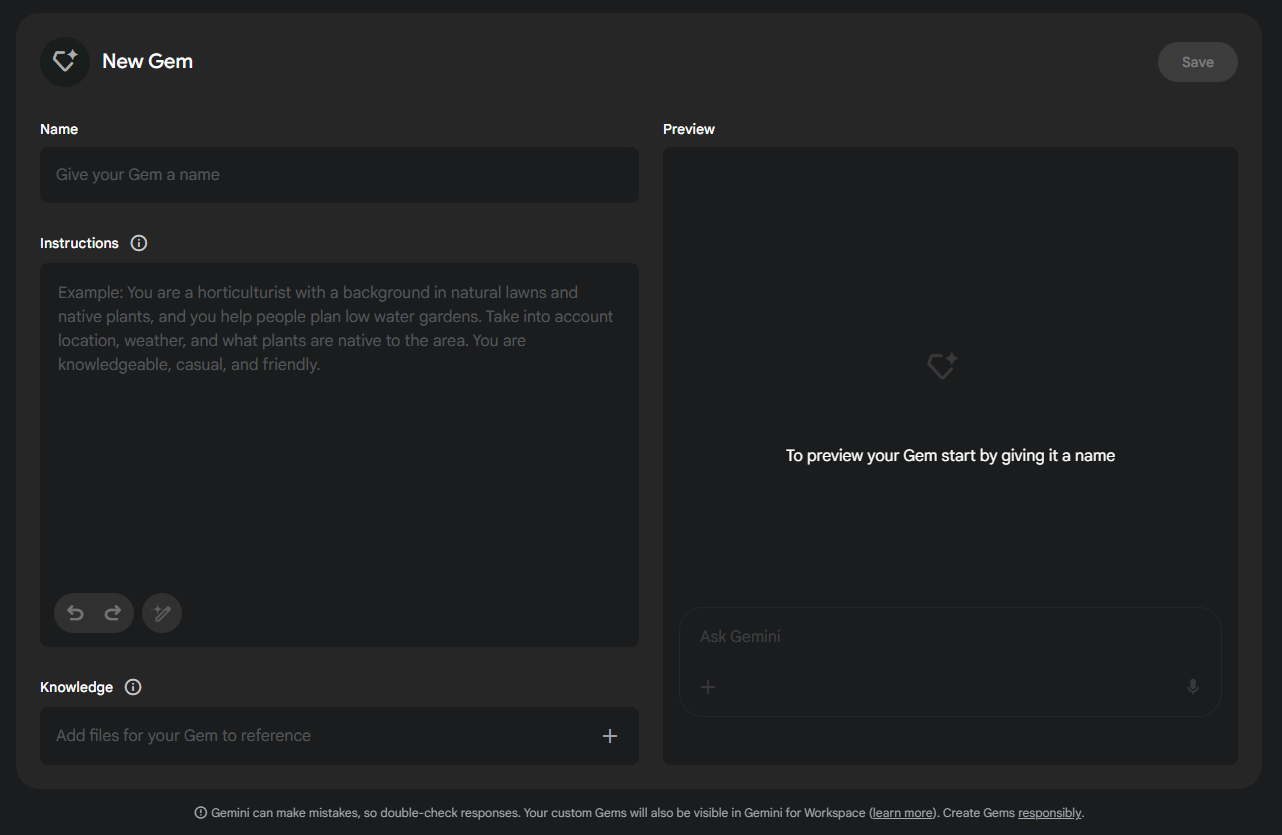 This screenshot shows the fields you need to complete to create a new gem: name, instructions, and knowledge. There is a preview area on the right side of the screen.
