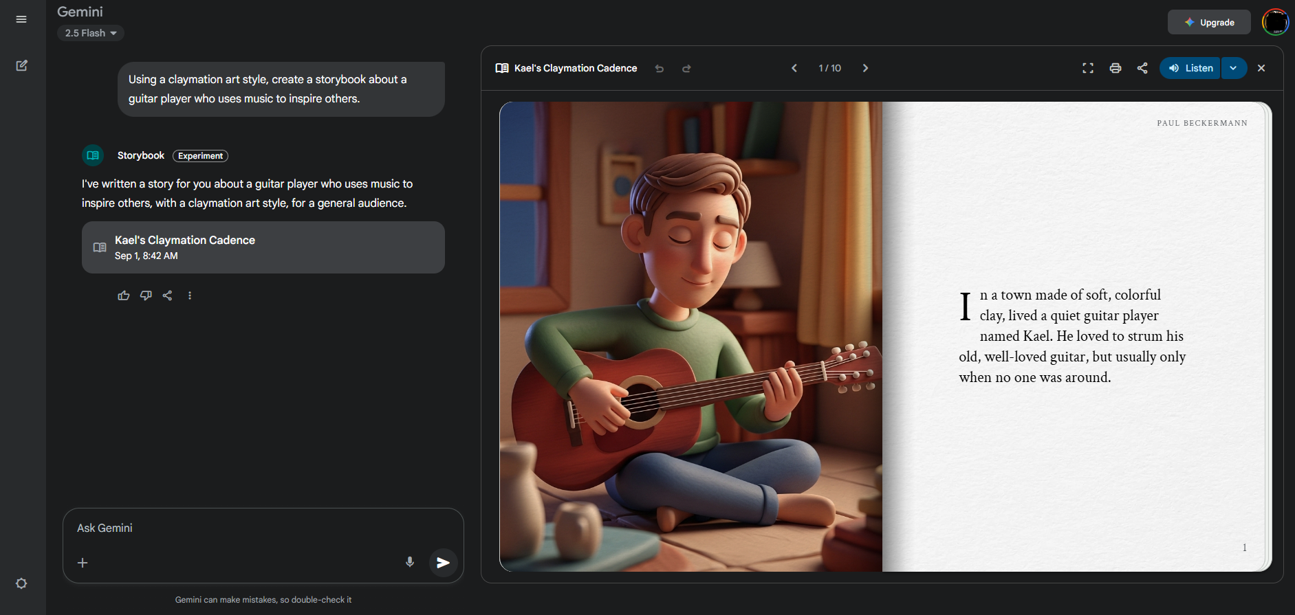 This screenshot shows two pages in a Gem Storybook. There is a chat area on the left. To the right are two pages. The left page shows a pictures of a guitarist. The right side contains story text.