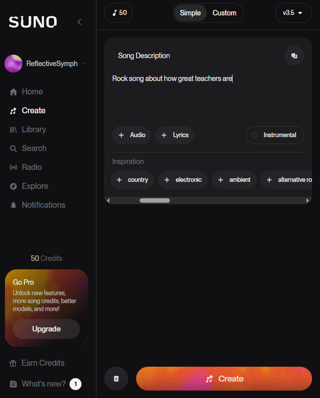 This screen shot shows the simple generation interface where users type in a song description and then click "create."