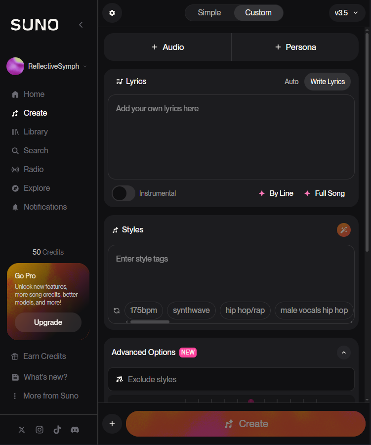 This screenshot shows Sunos custom input fields. At the top, you can select audio or persona. beneath that there are fields for lyrics and styles. The create button is at the bottom.