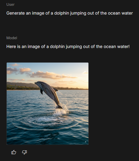 Screenshot showing the user input "Generate an image of a dolphin jumping out of the ocean water" and the resulting image below.