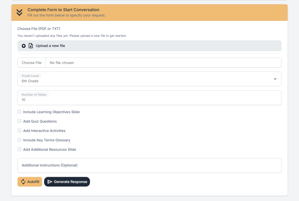 This screenshot shows the input fields for having a conversation with a pdf or txt file. There are options to choose file, add a grade level, as well as additional options like adding quiz questions, interactive activities, glossary and additional resources slide. 