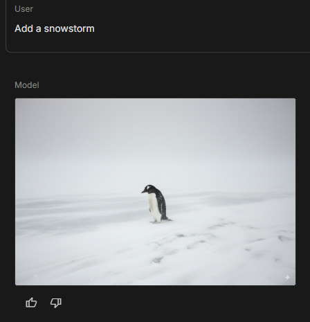 Penguin with head down in a snowstorm