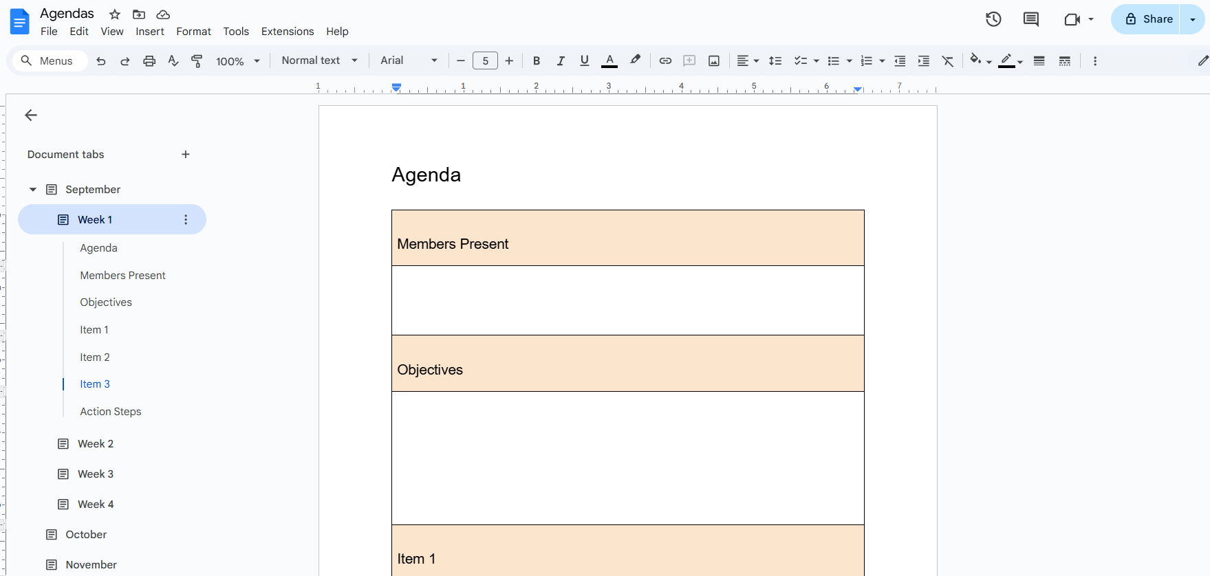 This screenshot shows a sample agenda. It appears as an outline under a Week 1 sub tab.